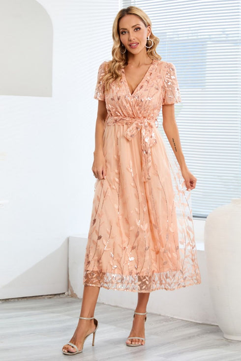sequin-leaf-embroidery-tie-front-short-sleeve-dress Sophia's Trends - Sophia's Style--